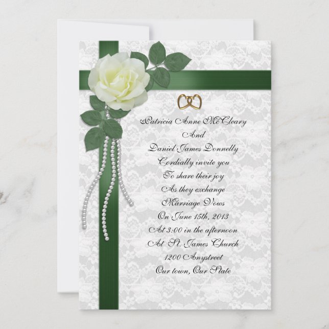 Convites Casamento Invitation White rose, fitas verdes (Frente)