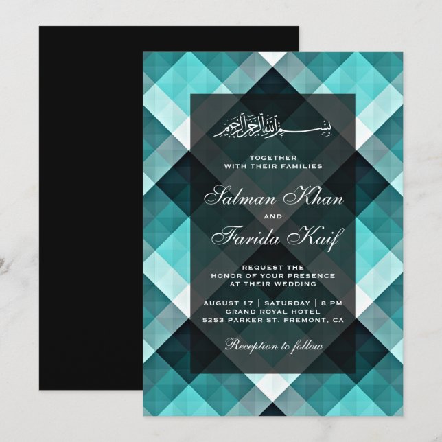 Convites Casamento Islâmico Abstrato Turquesa Geométrico (Frente/Verso)
