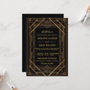 Convites Casamento Islâmico Art Déco Preto e Dourado Vintag