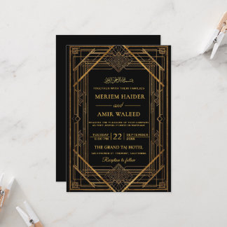 Convites Casamento Islâmico Art Déco Preto e Dourado Vintag