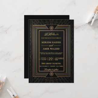 Convites Casamento Islâmico Art Déco Preto e Dourado Vintag