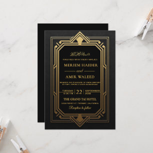 Convites Casamento Islâmico Art Déco Preto e Dourado Vintag