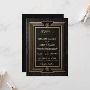 Convites Casamento Islâmico Art Déco Preto e Dourado Vintag