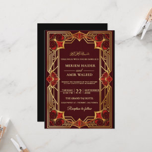 Convites Casamento islâmico Art Déco vintage burgundy e dou