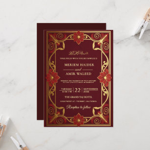 Convites Casamento islâmico Art Déco vintage em burgundy e 