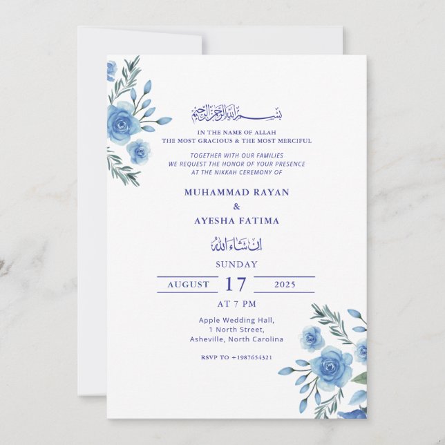 Convites Casamento Islâmico Azul Floral Elegante Nikkah Ára (Frente)