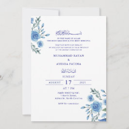 Convites Casamento Islâmico Azul Floral Elegante Nikkah Ára