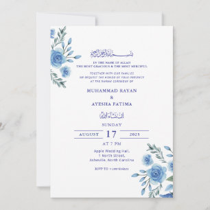 Convites Casamento Islâmico Azul Floral Elegante Nikkah Ára