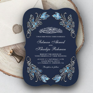 Convites Casamento Islâmico Borboletas Florais Azul Safira