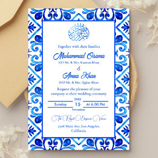Convites Casamento Islâmico Branco e Azul do Marrocos