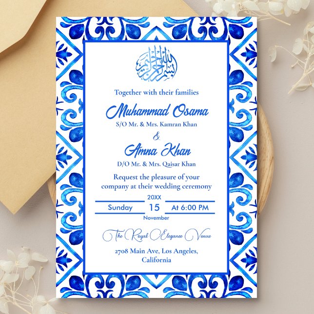 Convites Casamento Islâmico Branco e Azul do Marrocos (Criador carregado)