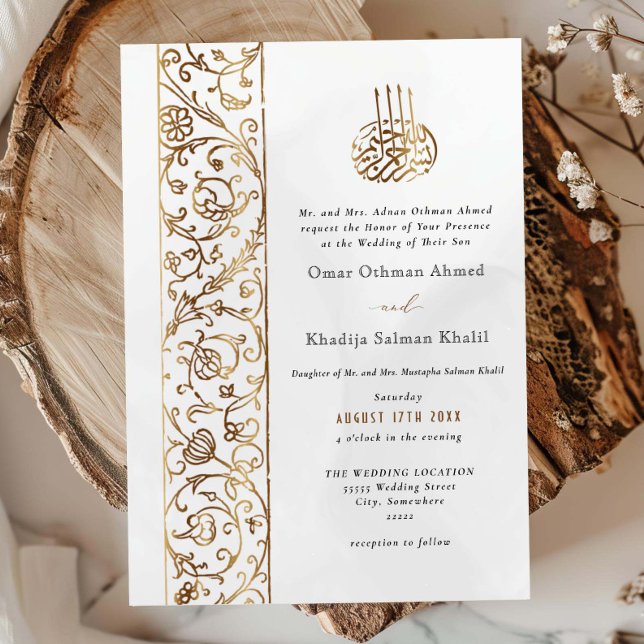 Convites Casamento Islâmico Chic Ornate Floral Dourado e Cr (Criador carregado)