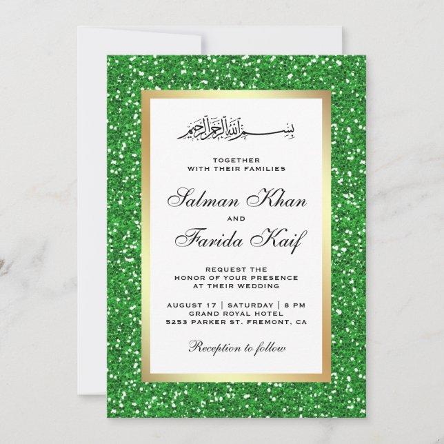 Convites Casamento Islâmico com Brilho Verde e Folha Dourad (Frente)