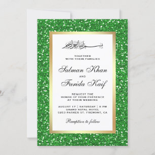 Convites Casamento Islâmico com Brilho Verde e Folha Dourad