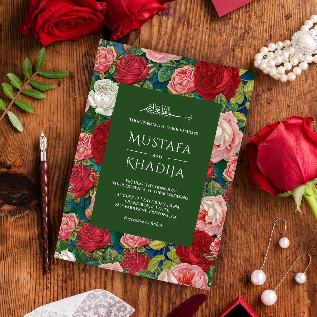 Convites Casamento Islâmico com Padrão Floral de Rosas verm (Criador carregado)