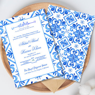 Convites Casamento Islâmico com Padrão Marroquino Azul e Br