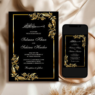 Convites Casamento Islâmico da Fronteira Floral Dourada Neg