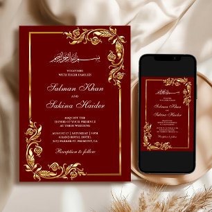 Convites Casamento Islâmico da Fronteira Floral Dourada Ver