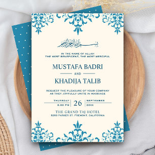Convites Casamento Islâmico de Creme Elegante e Damasco Az