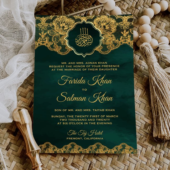 Convites Casamento Islâmico de Emerald Gold Foil Lace Muçul (Criador carregado)