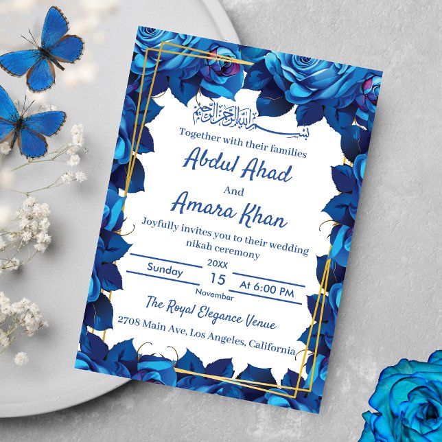 Convites Casamento Islâmico de Frame Marinho Floral Azul e  (Criador carregado)