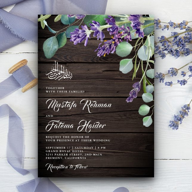 Convites Casamento Islâmico de Madeira Rústica Lavanda Euca (Criador carregado)