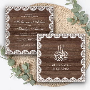 Convites Casamento Islâmico de Madeira Rústica Vintage com