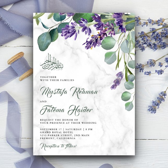 Convites Casamento Islâmico de Mármore de Eucalipto Lavanda (Criador carregado)
