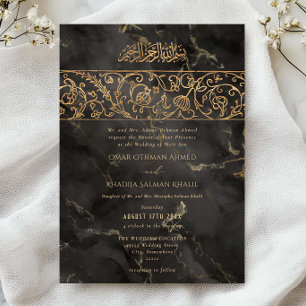 Convites Casamento Islâmico de Mármore Preto Floral de Luxo