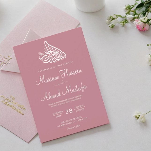Convites Casamento Islâmico de Nikah, Rosa Mínimo Moderno (Modern Minimal Dusty Pink Islamic Nikah Wedding Invitation)