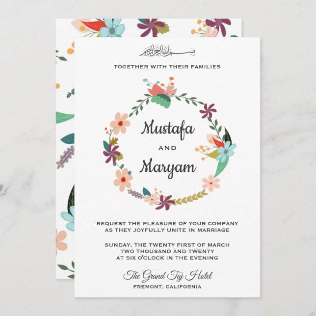 Convites Casamento Islâmico de Pastel Floral Wreath (Frente/Verso)
