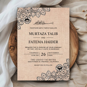 Convites Casamento Islâmico de Vintage Black Lace Rustic Bu