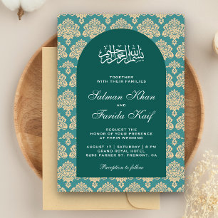 Convites Casamento Islâmico do Arco Árabe Teal Damask