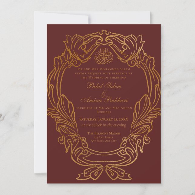Convites Casamento Islâmico do Frame Dourado Vermelho Elega (Frente)