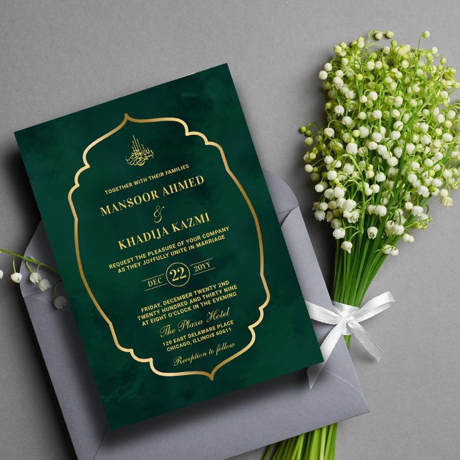 Convites Casamento Islâmico do Quadro Dourado Real Emerald  (Criador carregado)