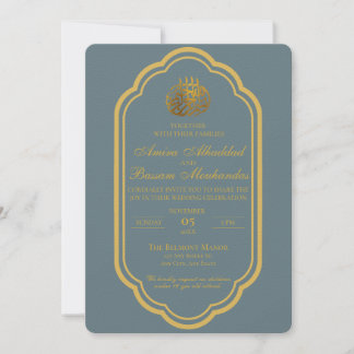 Convites Casamento Islâmico Dourado e Azul de Slate Elegant