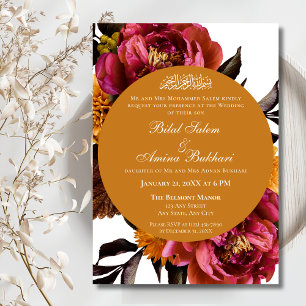 Convites Casamento Islâmico Dourado e Floral Rosa Elegante