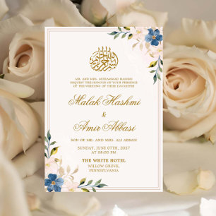 Convites Casamento Islâmico Dourado Floral Azul e Branco