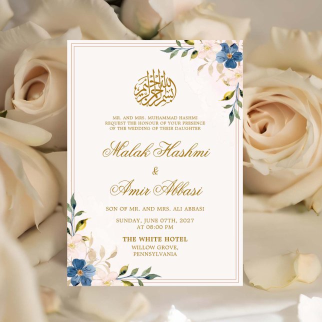 Convites Casamento Islâmico Dourado Floral Azul e Branco (Criador carregado)