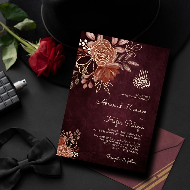 Convites Casamento Islâmico Dourado Floral da Borgonha Luxu (Criador carregado)