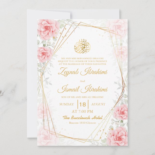 Convites Casamento Islâmico Dourado Floral Elegante (Frente)