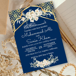 Convites Casamento Islâmico Dourado Floral Mínimo Azul
