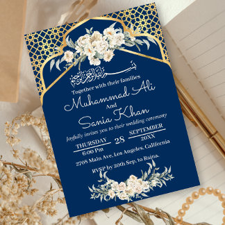 Convites Casamento Islâmico Dourado Floral Mínimo Azul