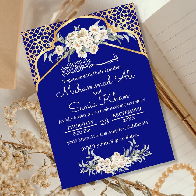 Convites Casamento Islâmico Dourado Floral Mínimo Azul (Criador carregado)