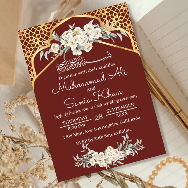 Convites Casamento Islâmico Dourado Floral Mínimo Brown (Criador carregado)