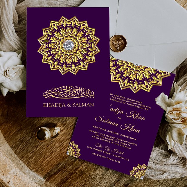 Convites Casamento Islâmico Dourado Roxo Tradicional (Criador carregado)