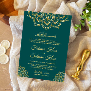 Convites Casamento Islâmico Dourado Verde do Mar Tradicion