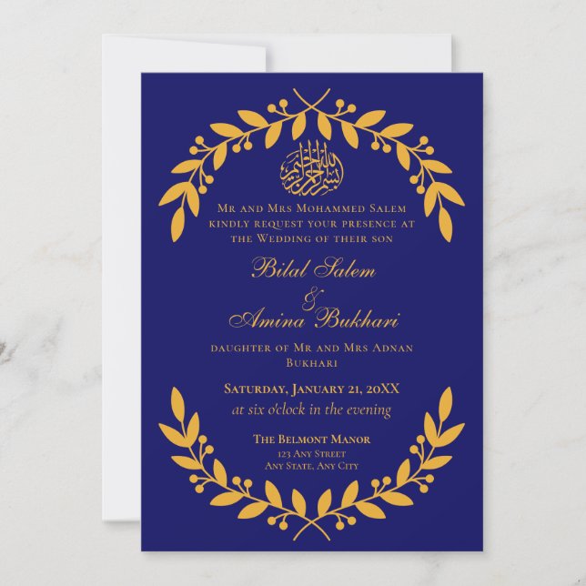 Convites Casamento Islâmico Elegante Azul e Folha Dourada (Frente)