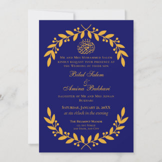 Convites Casamento Islâmico Elegante Azul e Folha Dourada