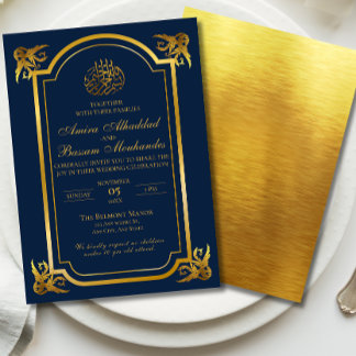 Convites Casamento Islâmico Elegante Azul Escuro e Dourado